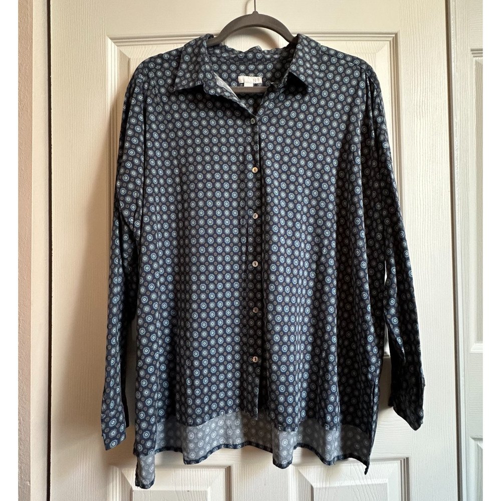 J Jill Womens Large Blue Medallion Pattern Collared Long Sleeve Button Up Shirt